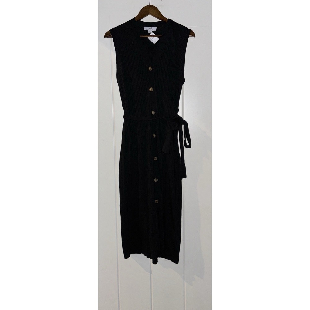 Magaschoni Rib Knit Sleeveless‎ Button Down Midi Dress Black XL Belted